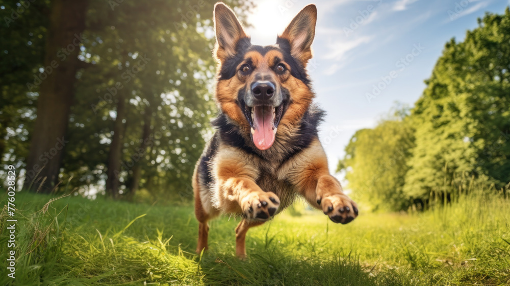 Happy german shepherd dog on green grass with fish eye lens Happy german shepherd dog on green grass with fish eye lens