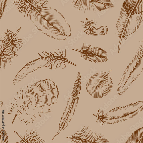 Feather Vector seamless Pattern. Outline illustration of owl quills Background. Line art of bird plumes. Hand drawn graphic sketch. Linear drawing of vintage print for wallpaper or gift wrap