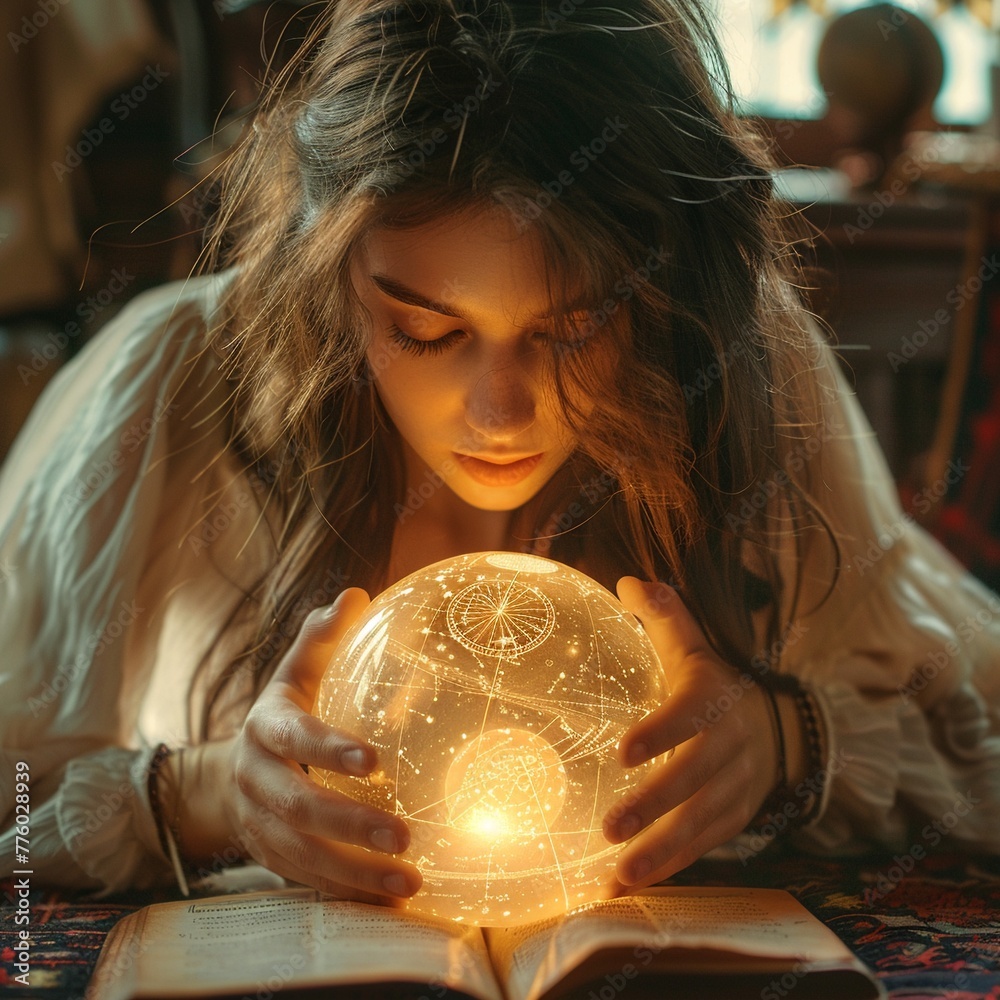 Mystic gazing into a crystal ball star charts and astrology symbols ...