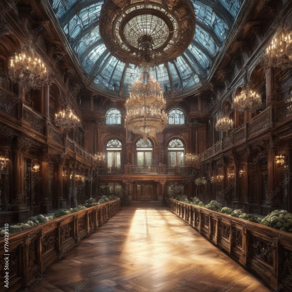 A grand ballroom with opulent chandeliers, rich wooden paneling, and a lavish ceiling dome, evoking elegance and history