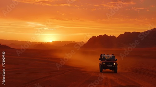 A truck traveling through a vast desert at sunset  AI generated illustration