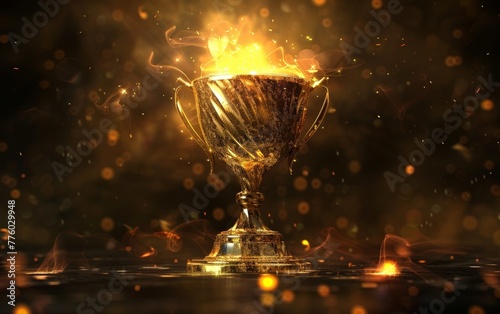 A magnificent golden trophy is engulfed in a brilliant burst of light and sparks, representing the fiery passion and intensity of a hard-won triumph.