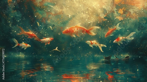 Magical harmony: Surreal scene featuring fish soaring through the celestial heavens above as birds serenely glide through the tranquil waters below.