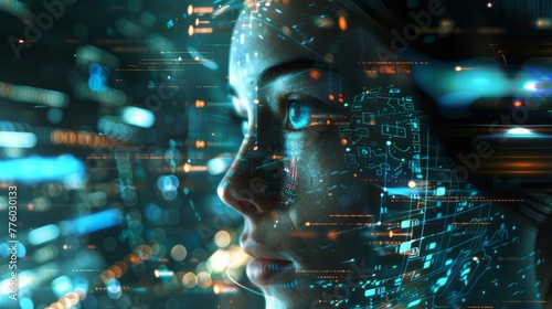 A woman's face is shown in a computer screen with a lot of lights and numbers. The image gives off a futuristic and technological vibe, with the woman's face being the main focus