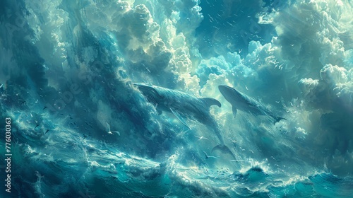 Dreamlike composition: Ethereal fish traversing the skies as avian creatures glide gracefully beneath the ocean waves.