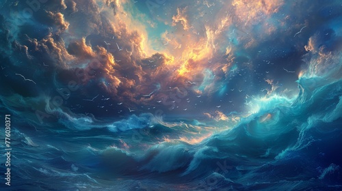 Dreamy fantasy: Ethereal fish gliding through the heavens above while birds gracefully swim beneath the ocean waves.