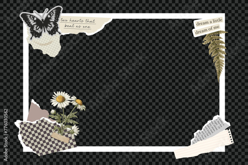 Collage white frame isolated on dark transparent background. Torn paper, retro flower, butterfly stamp, rip notebook sheets, handwriting quotes, craft notepaper, old grunge paper. Modern retro style.