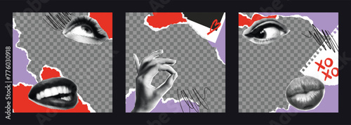 Post template with collage punk elements. Photo card, torn paper, scribble, hand, eyes, mouth, lips, cutout notebook sheet. Frames on transparent background.