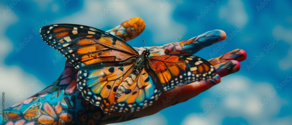 Hand and butterfly tattoo concept, blue sky, spiritual symbol of soul - obrazy, fototapety, plakaty 