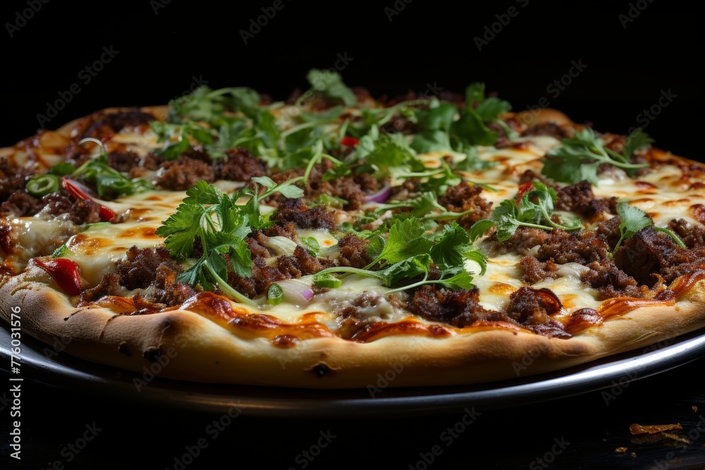 Delicious italian sausage pizza with luscious tomato sauce and fresh herbs on white background