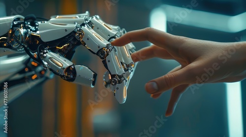 A robot hand is touching a human hand. Concept of connection and harmony between humans and technology