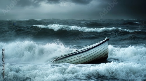 Calming of the Storm A minimalist boat navigates tur  AI generated illustration photo