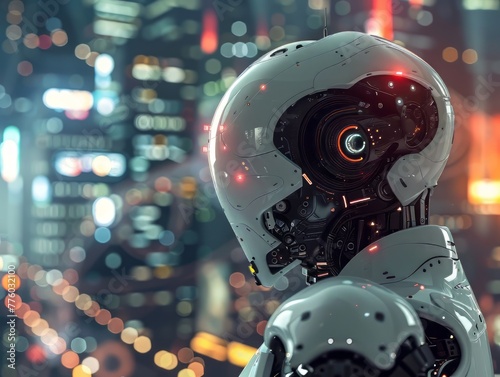 A robot with a red eye stands in front of a city skyline. The robot's head is lit up with a bright red light, giving it an eerie and futuristic appearance © Narongsak