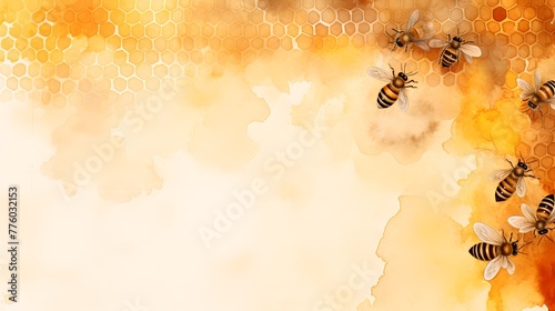 Honey bees in flight on a warm, abstract watercolor background. Artistic nature scene, serene and vibrant. Ideal for design and decor. AI photo