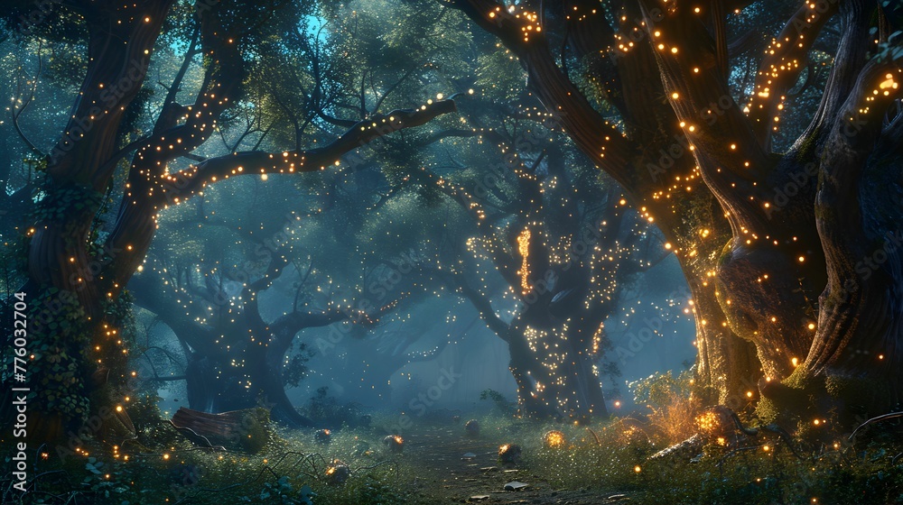 A mystical scene unfolds in an enchanted forest where ancient trees are adorned with thousands of glowing fireflies, creating a magical atmosphere.