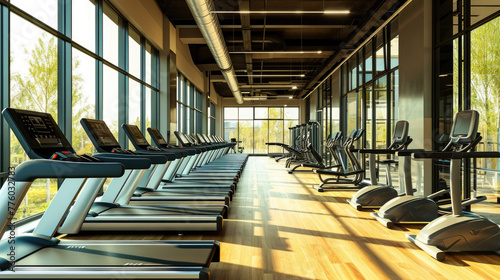 Modern gym interior with equipment. Fitness club with row of treadmills for fitness cardio training in evening backlight
