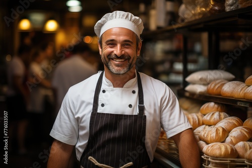 happy baker man in a black apron and a white chef's hat on his head on the background of a bread counter