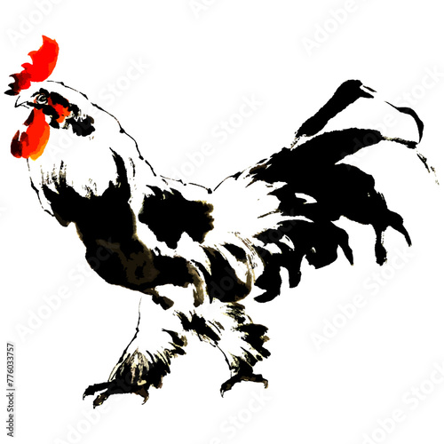 Vector watercolor illustration of rooster. Gohua, traditional chinese ink and wash painting