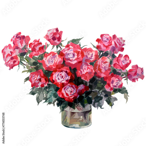 Vector watercolor illustration of bouquet of red rose flowers. Gohua, traditional chinese ink and wash painting