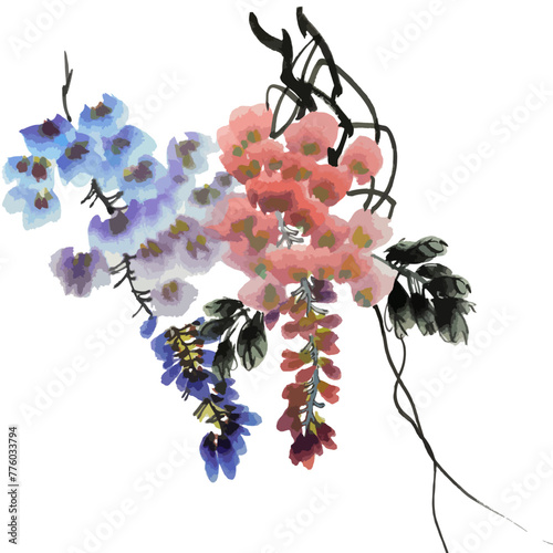 Vector watercolor illustration of wisteria flower. Gohua, traditional chinese ink and wash painting