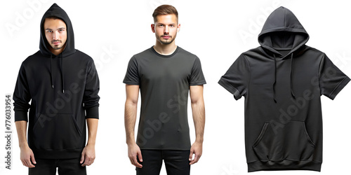 Collection of black tee hoodie sweatshirts, front and back view, transparent background