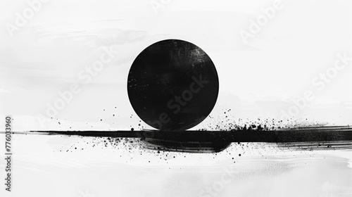 Black Circular Brush Stroke with Splatters on Canvas