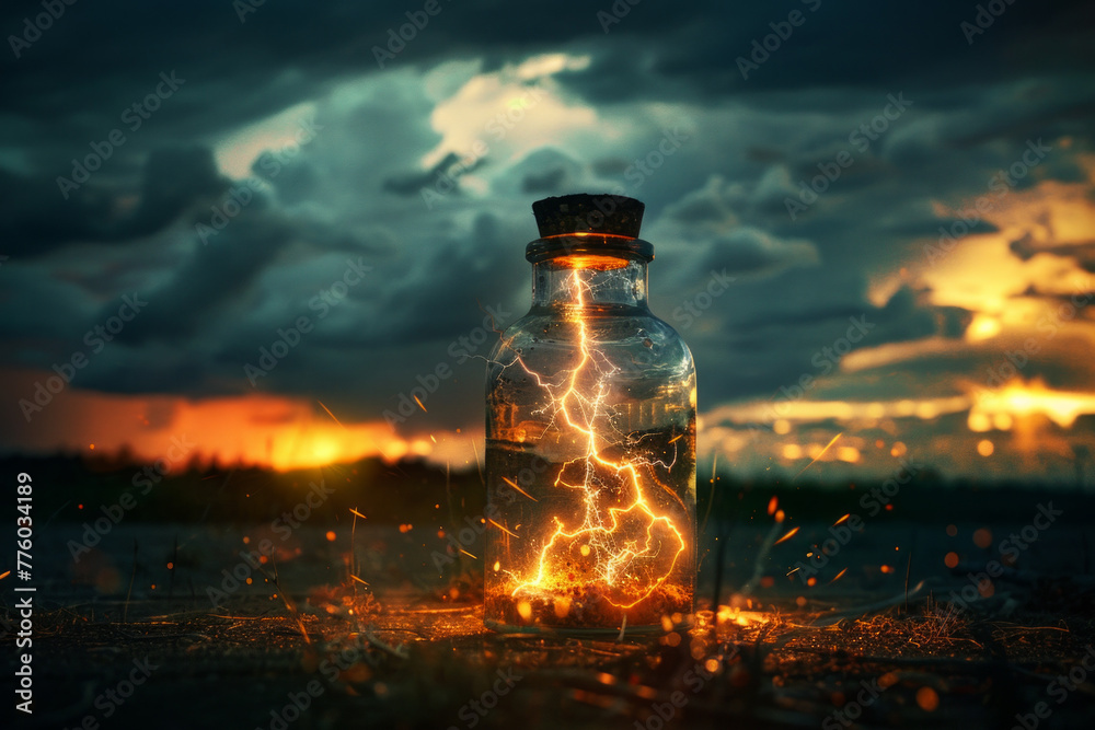 A lightning storm inside a glass bottle A lightning storm inside a glass bottle