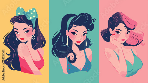 Vector portraits of vintage girls in pin-up style c