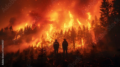 Firefighters are standing in front of a blazing forest fire.
