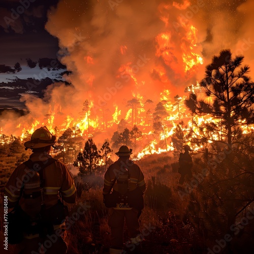 Firefighters are standing in front of a blazing forest fire.