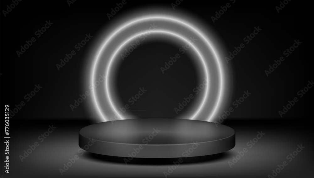 3D Black Podium With White Neon Ring Light 3D Black Podium With White Neon Ring Light
