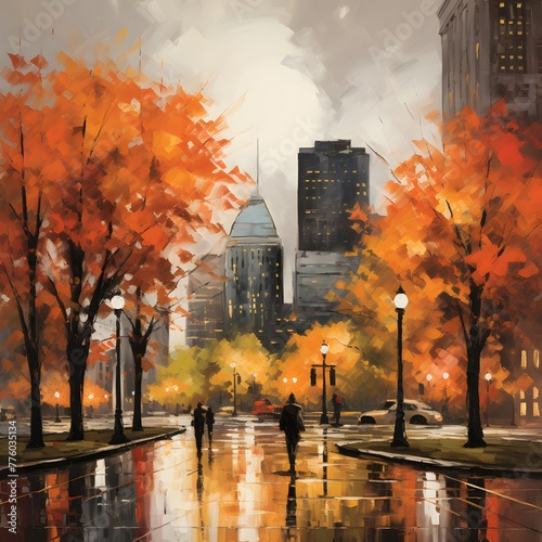 Digital painting of New York City in autumn with reflection in water.