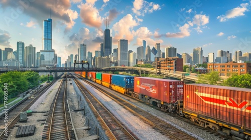 Container cargo freight train moving through a bustl  AI generated illustration photo