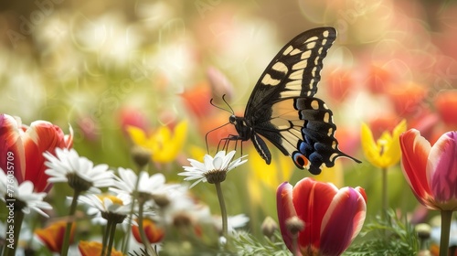 Delicate brushstrokes bring to life a stunning butterfly amidst a garden of daisies and tulips AI generated illustration