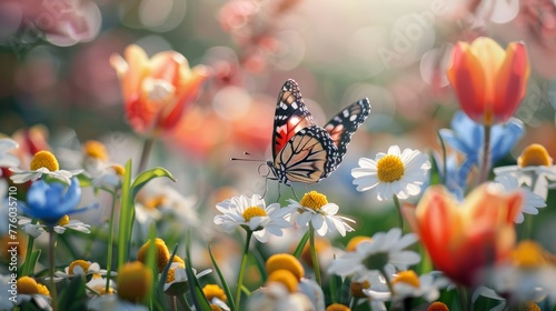 Delicate brushstrokes bring to life a stunning butterfly amidst a garden of daisies and tulips   AI generated illustration