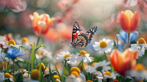 Delicate brushstrokes bring to life a stunning butterfly amidst a garden of daisies and tulips AI generated illustration