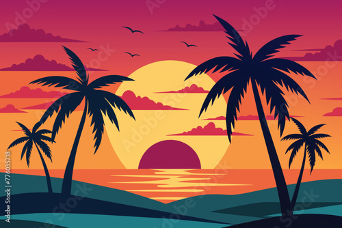 Fototapeta Naklejka Na Ścianę i Meble -  Summer tropical background with palms and sunset vector