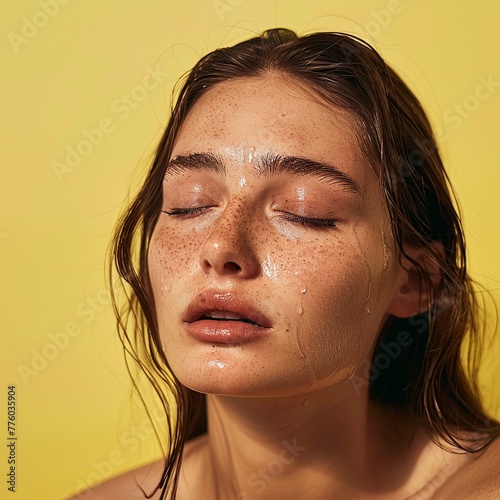 A tearful skincare portrait captures a poignant moment of a young European model aged 20, with brunette hair against a soft gradient backdrop. Enhanced by a luminous filter and ambient studio lighting