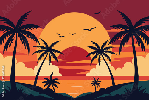 Summer tropical background with palms and sunset vector