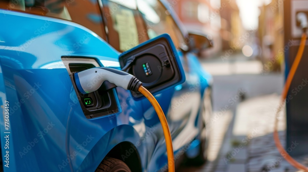 Electric automobile gaining power at charging statio AI generated illustration Electric automobile gaining power at charging statio AI generated illustration