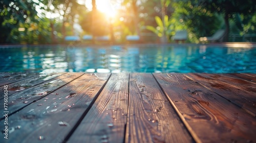 Empty wooden deck overlooking a sparkling swimming p AI generated illustration