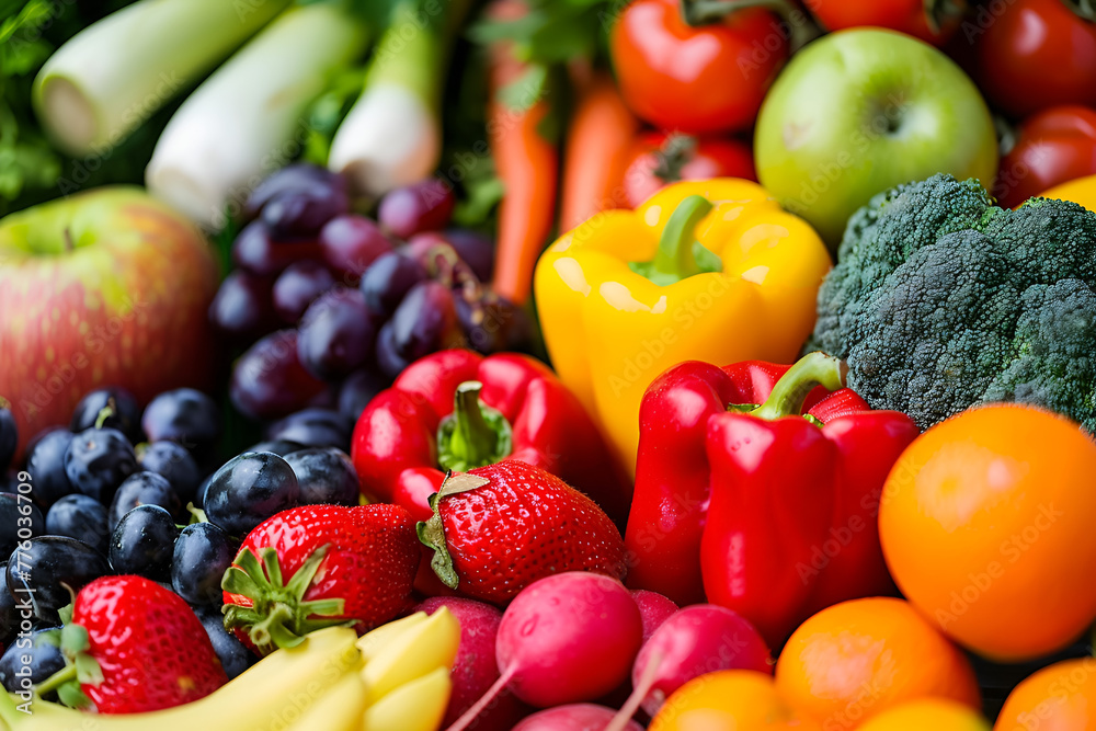 Assortment of fresh healthy vegetables and fruits, Assortment of fresh healthy vegetables and fruits,