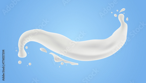 Realistic Milk Splashes Isolated on Blue Background. Vector Illustration.