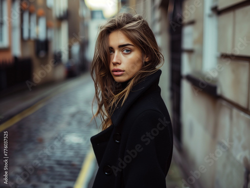 Portrait of a beautiful girl in a black coat on the street