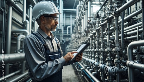 Middle-aged technical engineer with a tablet controls the pressure system an oil refinery