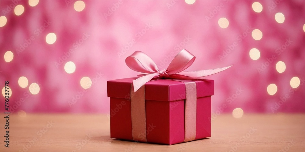 Gift box with pink ribbon and bokeh lights on background.