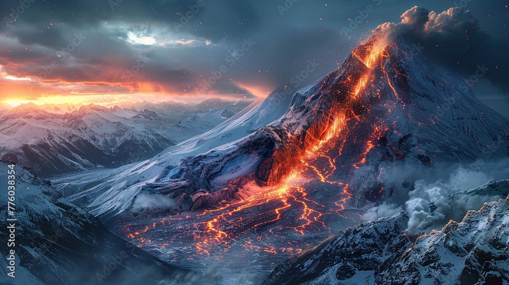 Snowcapped mountain with an active volcano, the cold meeting the fire  ,high resulution,clean sharp focus