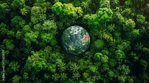 Aerial top view green forest with earth, Green planet in your hands, Save Earth, Texture of forest view from above ecosystem and healthy environment.