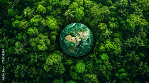 Aerial top view green forest with earth, Green planet in your hands, Save Earth, Texture of forest view from above ecosystem and healthy environment.