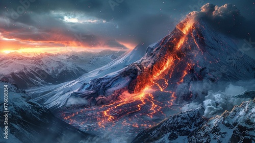 Snowcapped mountain with an active volcano, the cold meeting the fire ,high resulution,clean sharp focus